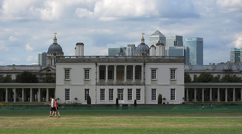 Greenwich - Queen House and the view of the Docklands